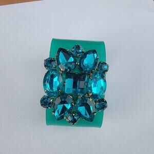 Vintage teal cuff bracelet Y2K plastic rhinestone glam statement